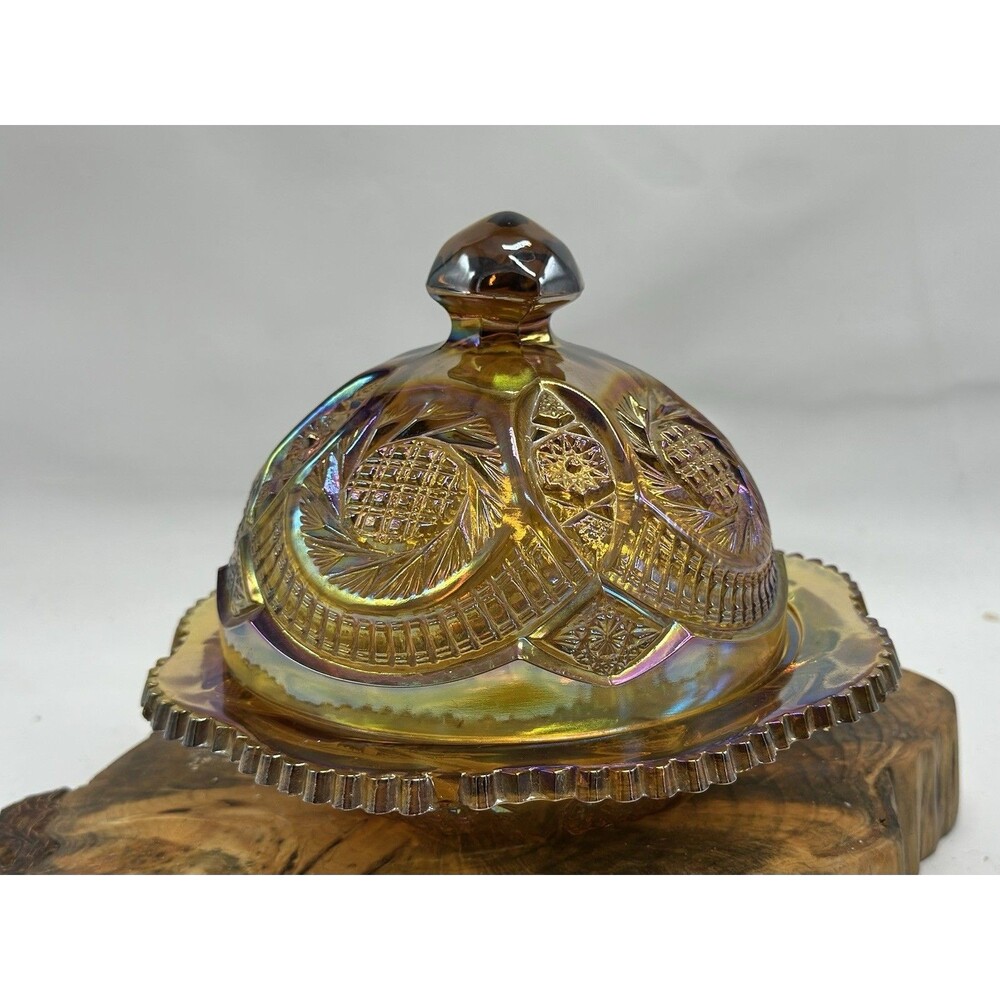 LE Smith Carnival Glass Marigold Amber Cheese Dish Sunburst Hobstar